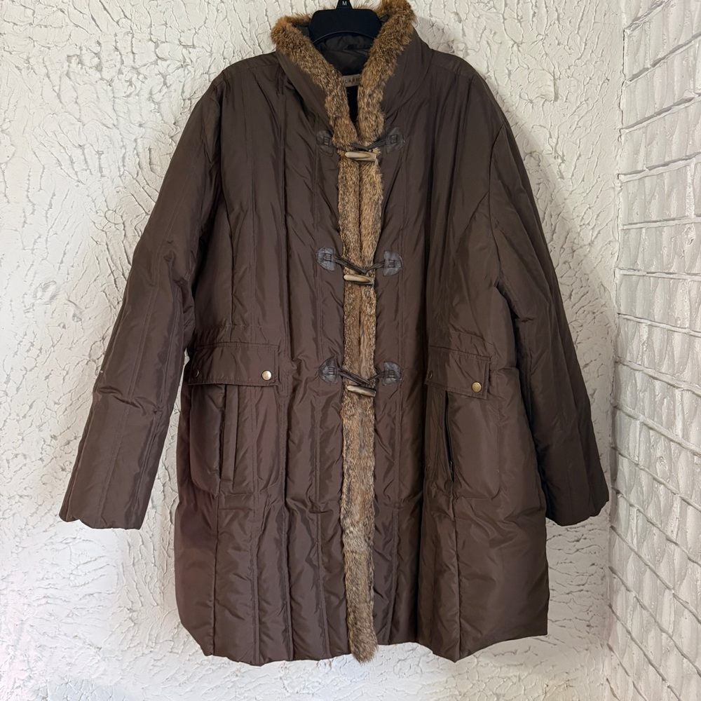 Larry Levine Brown Down Puffer Coat with Rabbit Fur Trim